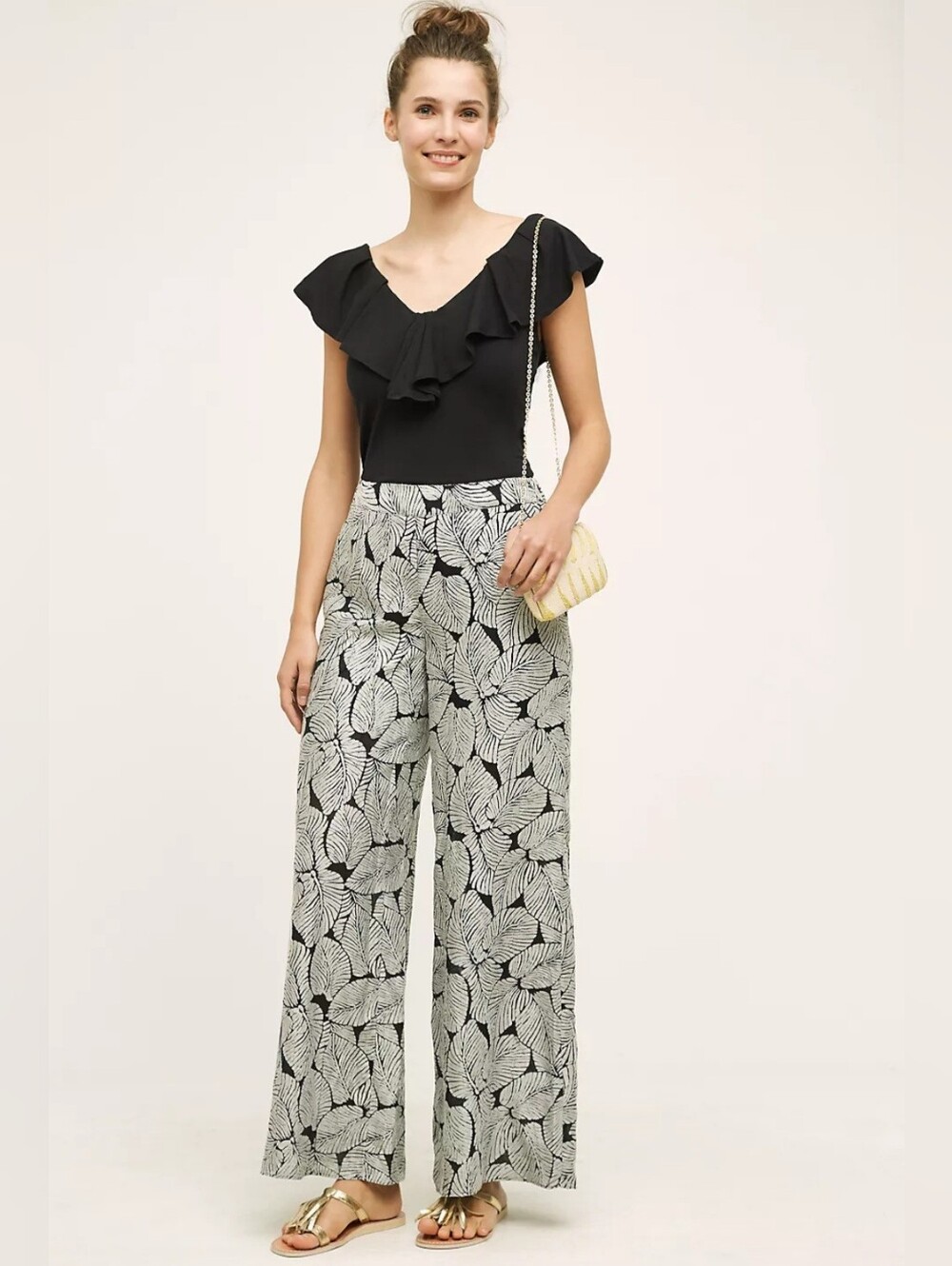 elevenses Black & White Leaf-Print Wide-Leg Pants